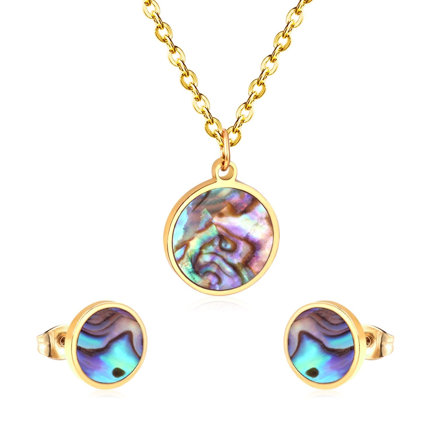 ASON Round Wedding Shell Carbon Fiber Jewelry Sets Pendant Necklace & Small Stud Earrings 316L Stainless Steel for Women asonjewelry